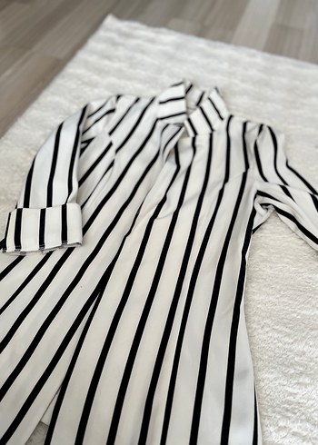 Çizgili Beyaz Uzun Hamile Ceketi - Görsel 2