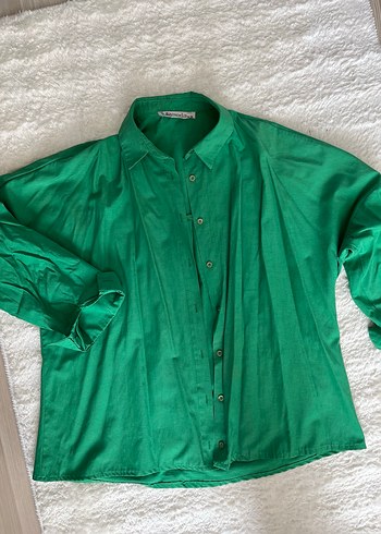 Düğmeli Yeşil Keten Kadın Gömlek - Görsel 3