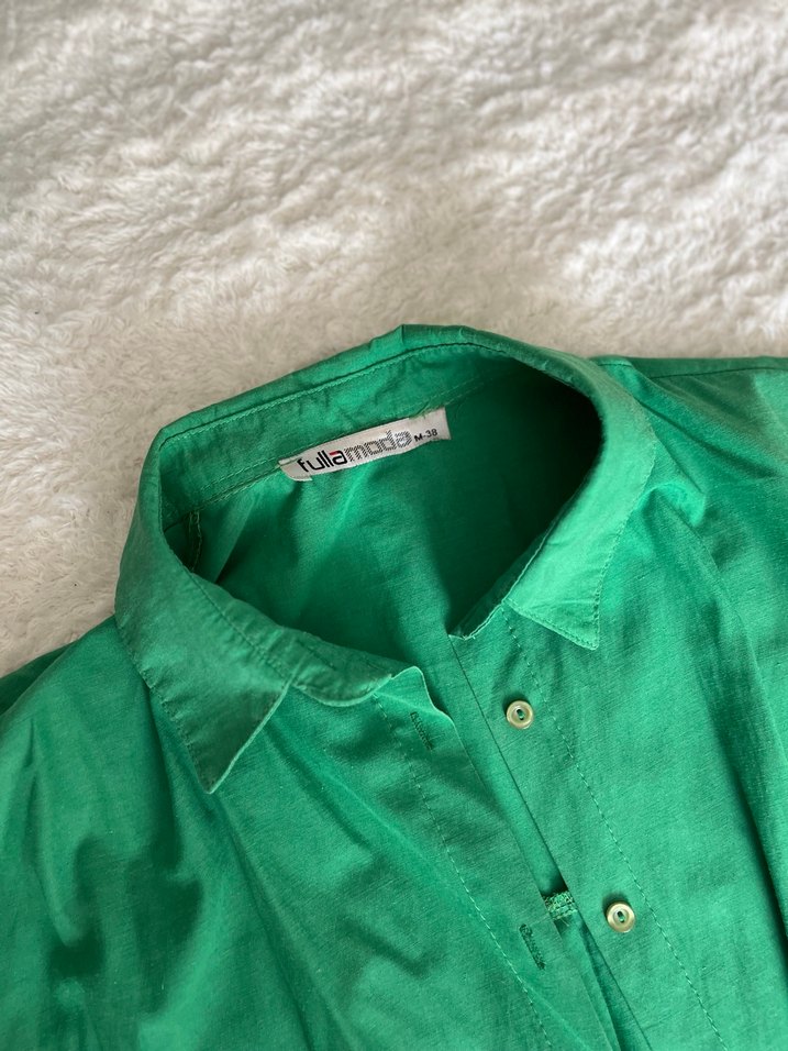 Düğmeli Yeşil Keten Kadın Gömlek - Görsel 2
