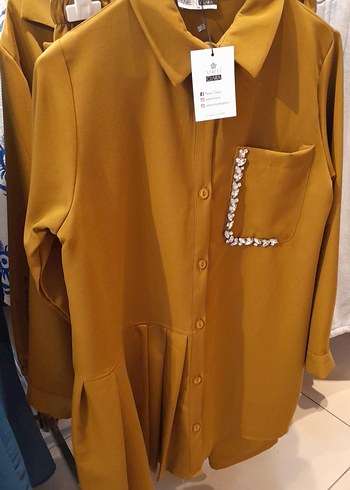 Düğmeli, Uzun Kollu Mini Kahverengi Kadın Gömlek - Görsel 8