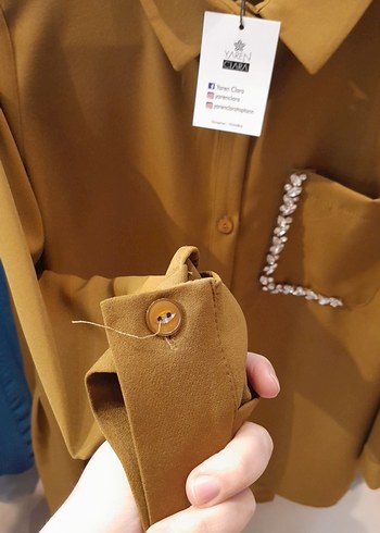 Düğmeli, Uzun Kollu Mini Kahverengi Kadın Gömlek - Görsel 4