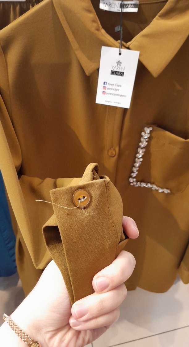 Düğmeli, Uzun Kollu Mini Kahverengi Kadın Gömlek - Görsel 4