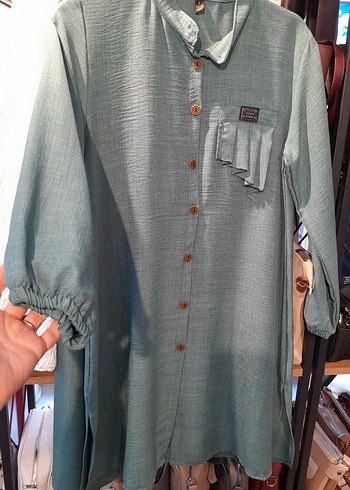 Düğmeli Uzun Kollu Gri Keten Tunik - Görsel 2