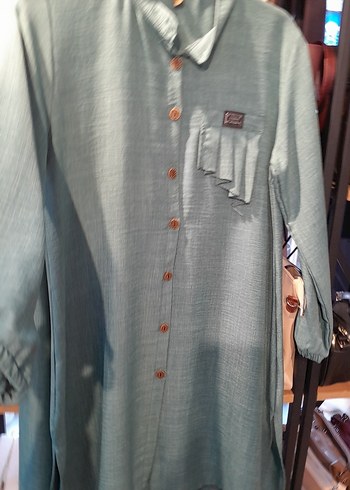 Düğmeli Uzun Kollu Gri Keten Tunik - Görsel 3