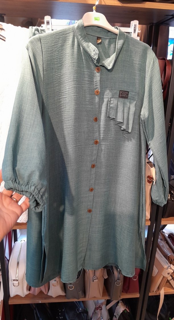 Düğmeli Uzun Kollu Gri Keten Tunik - Görsel 2