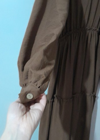 Kadın Kahverengi Uzun Keten Elbise - Görsel 11