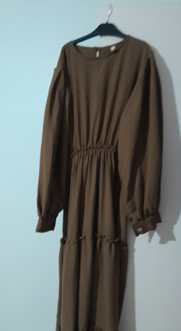 Kadın Kahverengi Uzun Keten Elbise - Görsel 4