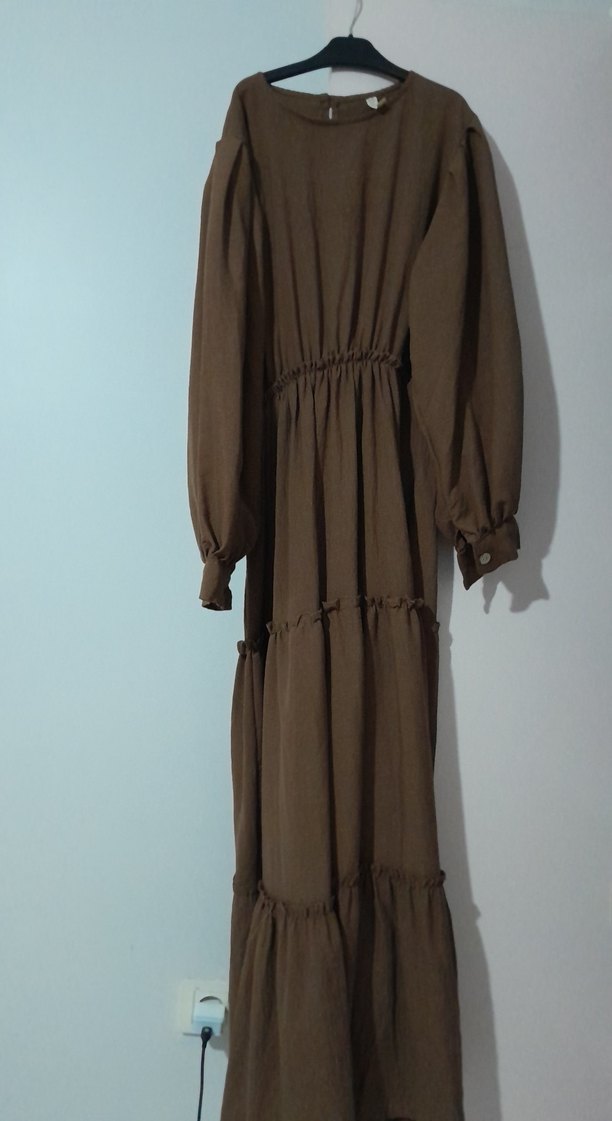 Kadın Kahverengi Uzun Keten Elbise - Görsel 2