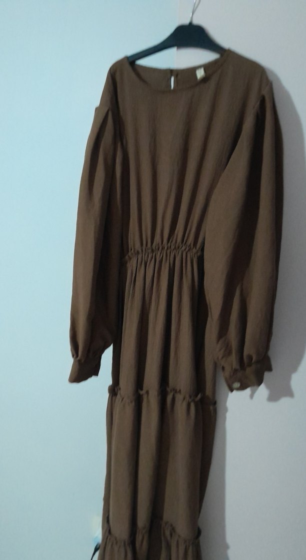 Kadın Kahverengi Uzun Keten Elbise - Görsel 5