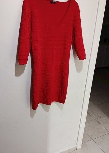 Kadın Kırmızı Triko Elbise, Midi, Pilili