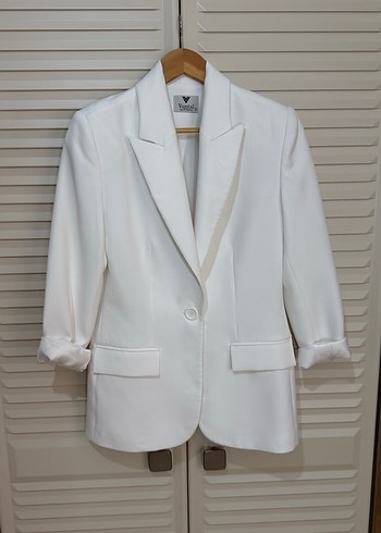 Kadın Beyaz Düğmeli Midi Blazer Ceket S beden - Görsel 2