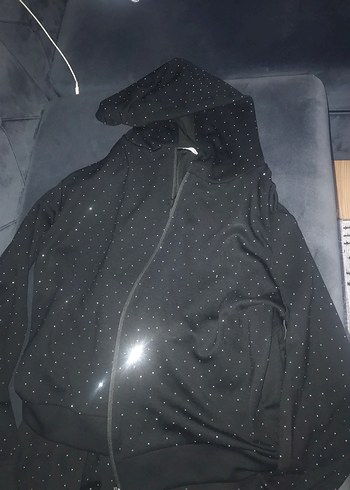 Kadın Siyah Uzun Kollu Kapşonlu taşlı eşofman takımı - Görsel 2