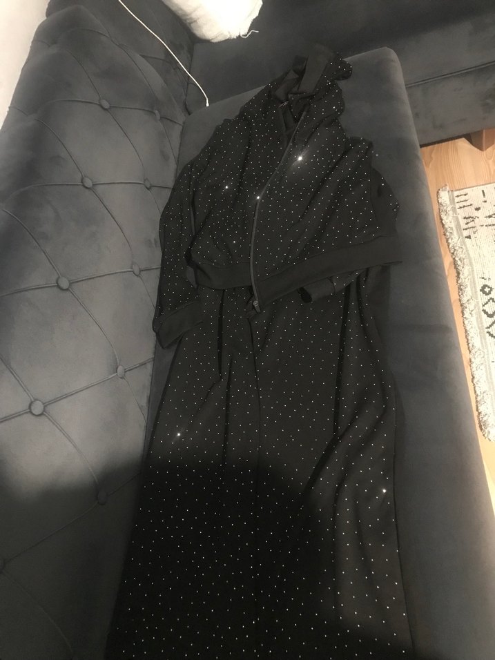 Kadın Siyah Uzun Kollu Kapşonlu taşlı eşofman takımı - Görsel 3