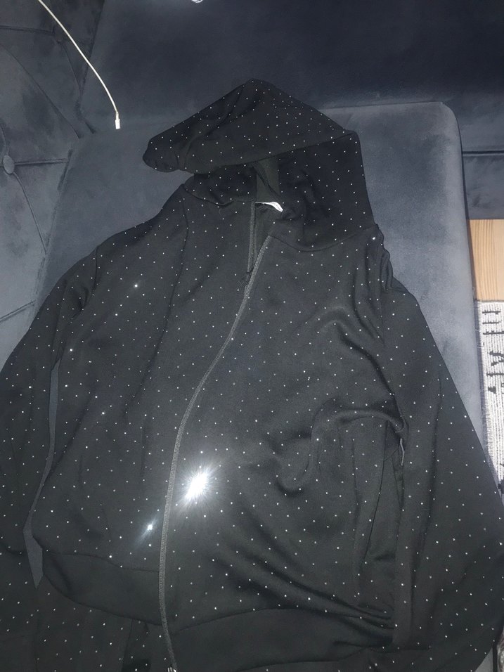 Kadın Siyah Uzun Kollu Kapşonlu taşlı eşofman takımı - Görsel 2