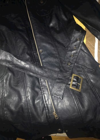 Kürk Detaylı Siyah Deri Kadın Uzun trençkot - Görsel 3