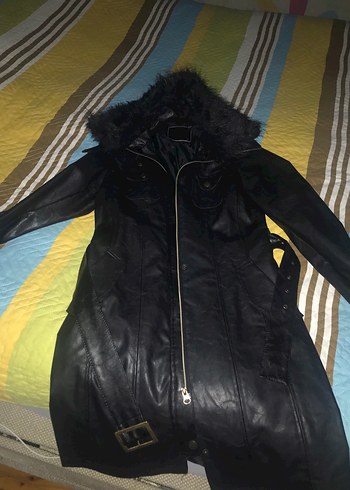 Kürk Detaylı Siyah Deri Kadın Uzun trençkot - Görsel 5