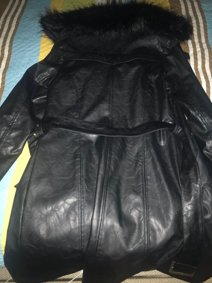 Kürk Detaylı Siyah Deri Kadın Uzun trençkot - Görsel 2