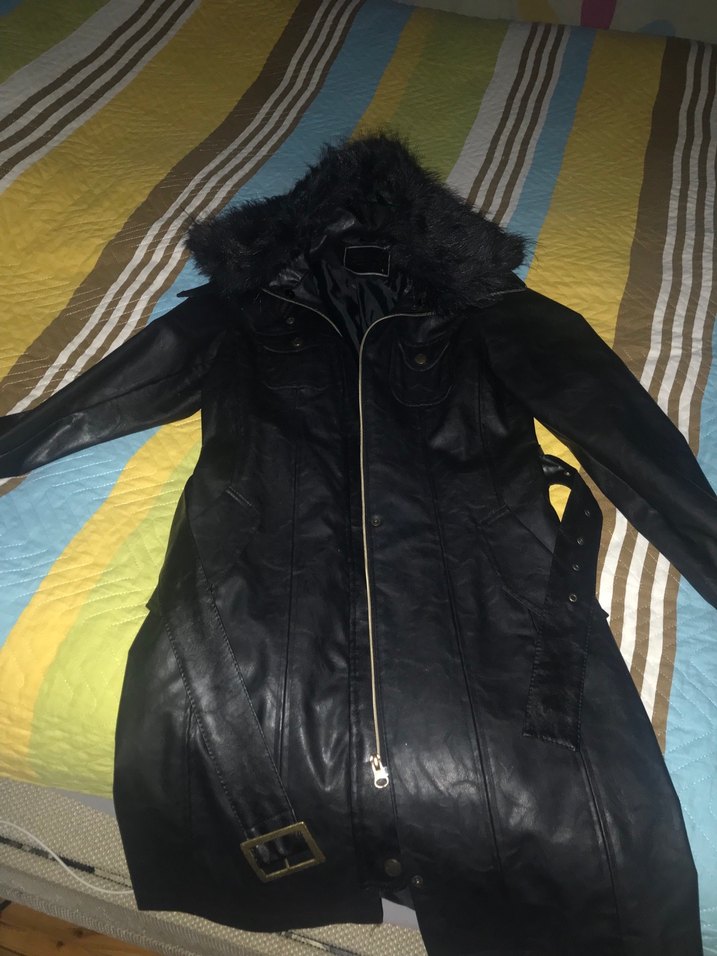 Kürk Detaylı Siyah Deri Kadın Uzun trençkot - Görsel 5