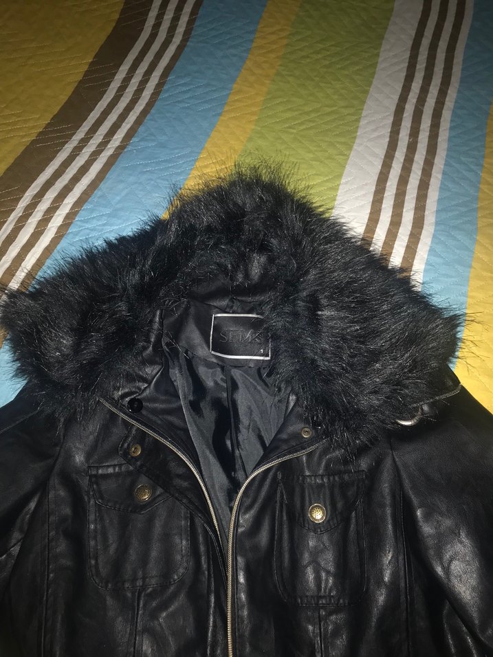 Kürk Detaylı Siyah Deri Kadın Uzun trençkot - Görsel 4