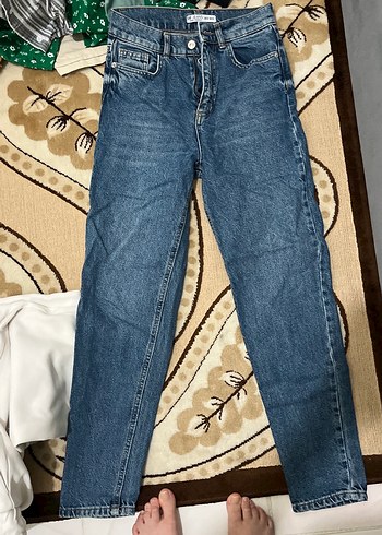 Kadın Mavi Düğmeli Regular Fit Denim Pantolon