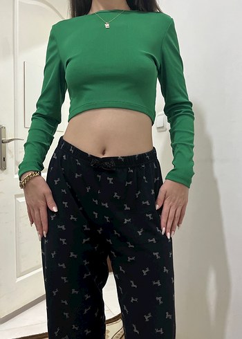 Kadın Yeşil Uzun Kollu Crop Top
