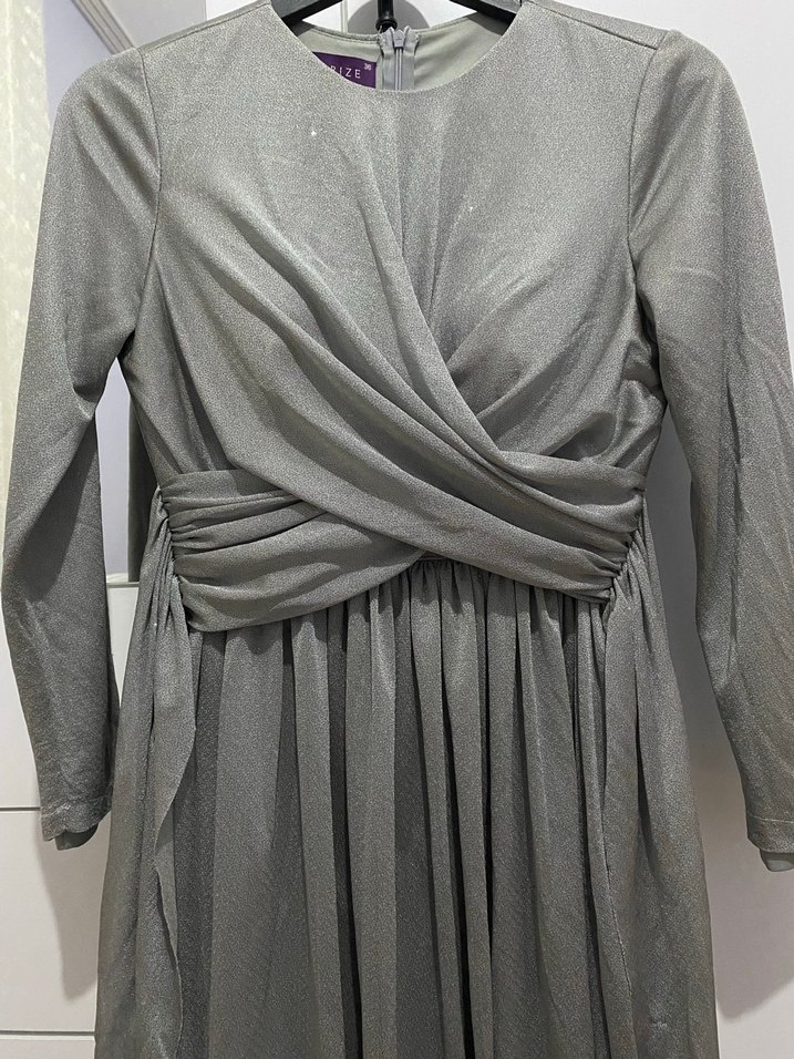 Gri Uzun Drapeli Kadın Abiye Elbise - Görsel 2