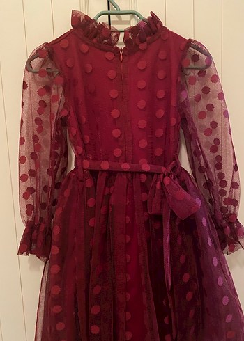 Bordo Puantiyeli Kız Çocuk Uzun Kollu Elbise - Görsel 2