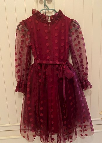 Bordo Puantiyeli Kız Çocuk Uzun Kollu Elbise - Görsel 3