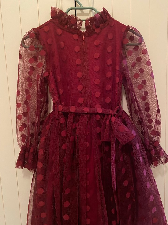 Bordo Puantiyeli Kız Çocuk Uzun Kollu Elbise - Görsel 2