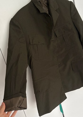 Haki yeşili Keten Düğmeli Ceket - Görsel 2