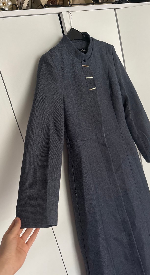 Düğmeli indigo mavi Uzun Denim Kadın Kaban - Görsel 2