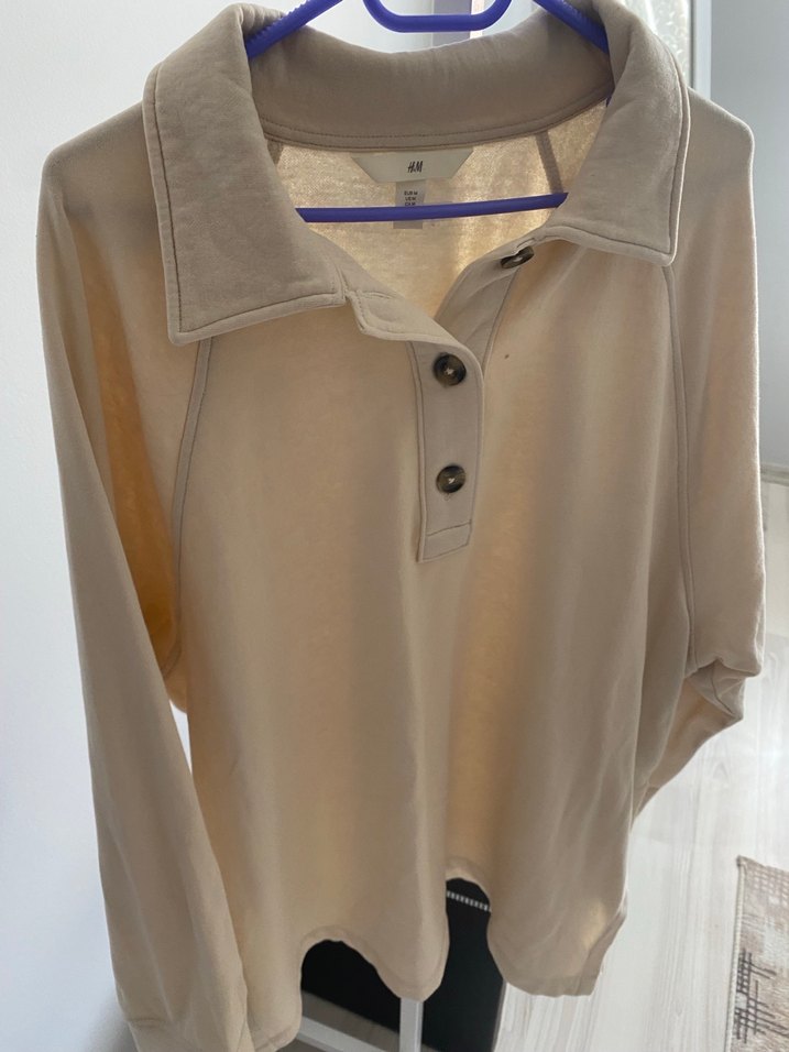 Bej Pamuklu Uzun Kollu Düğmeli Sweatshirt - Görsel 3