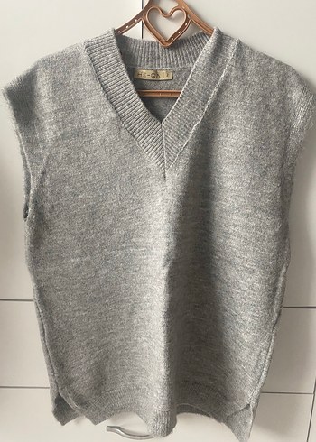 Gri V Yaka Örgü Kadın Süveter heqa - Görsel 2