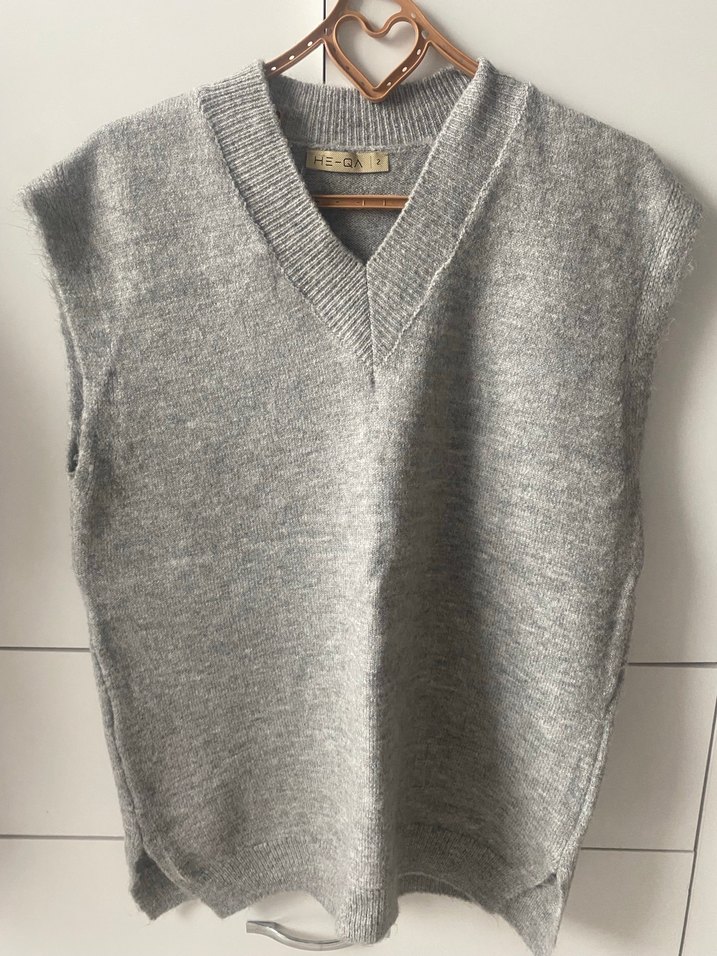 Gri V Yaka Örgü Kadın Süveter heqa - Görsel 2
