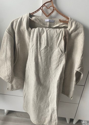 Bej V Yaka Keten Kadın Kazak Etek Takım - Görsel 3