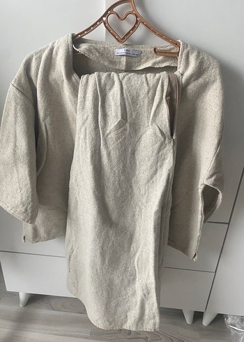 Bej V Yaka Keten Kadın Kazak Etek Takım - Görsel 2