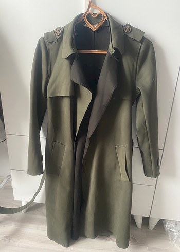 Kadın Uzun Süet Trençkot, Kemerli, Haki - Görsel 3