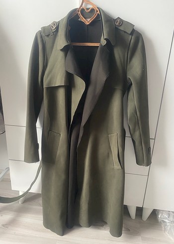Kadın Uzun Süet Trençkot, Kemerli, Haki - Görsel 2