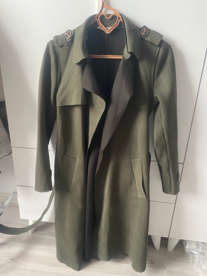 Kadın Uzun Süet Trençkot, Kemerli, Haki - Görsel 3