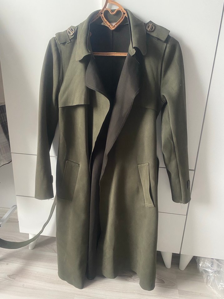 Kadın Uzun Süet Trençkot, Kemerli, Haki - Görsel 2