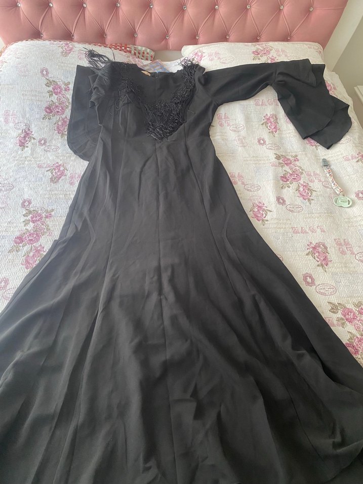 Uzun Siyah Kadın Gece Elbisesi - ip Detaylı - Görsel 2