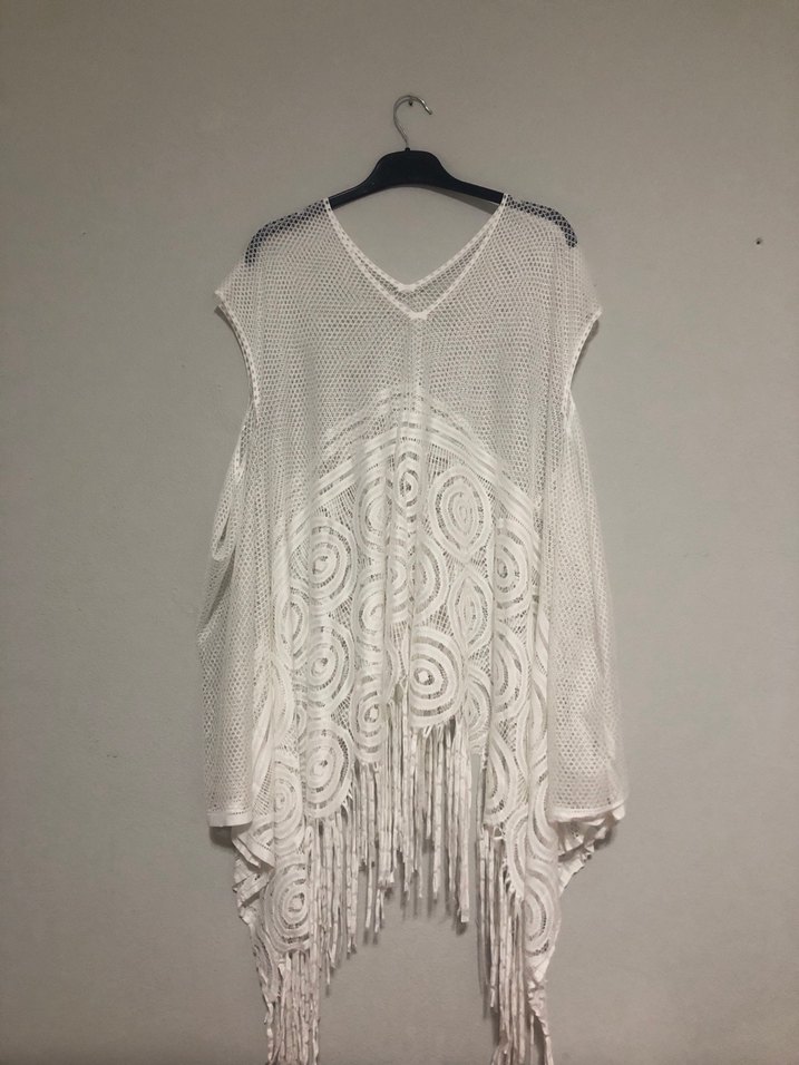 Dantel Detaylı Beyaz Bohem Pareo Panço - Görsel 3