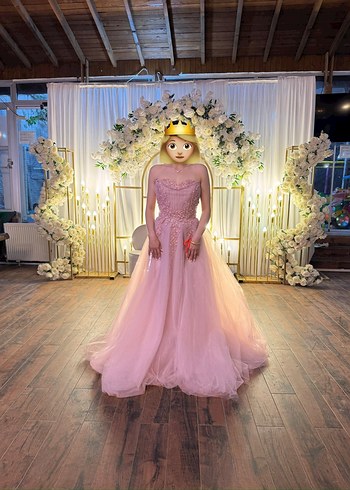 Pudra Pembe Straplez Dantel İşlemeli Uzun Abiye