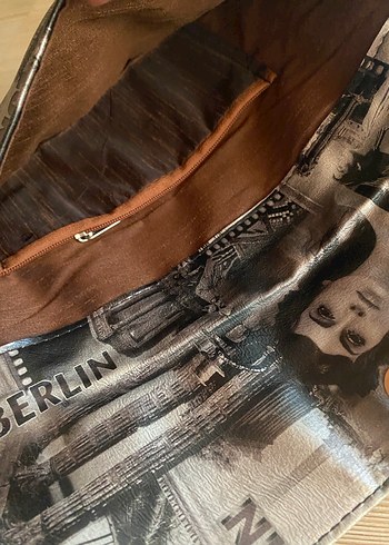 Beden gri Renk Zincir Detaylı Parisli Desenli Gri Kadın Clutch
