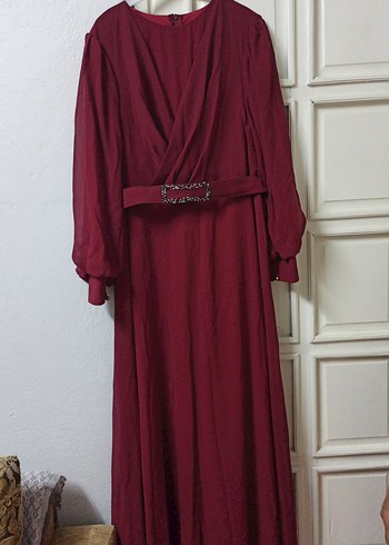 Bordo Uzun Kadın Elbise, Drapeli, İpek Dokulu