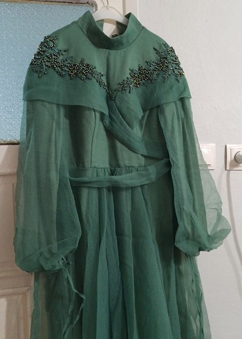 44 Beden Yeşil Vintage Nakışlı Uzun Abiye Elbise