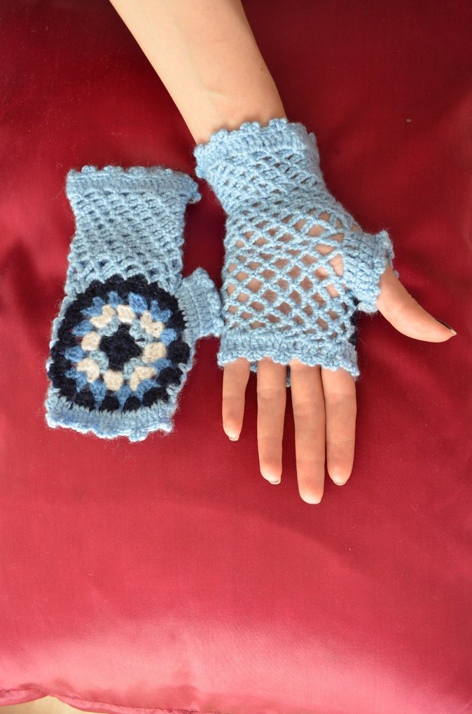 Bohem Tarzı Renkli Mavi Örgü Eldiven - Görsel 3