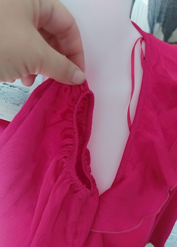 Pembe V Yaka Fırfırlı Uzun Kadın Bluz - Görsel 6