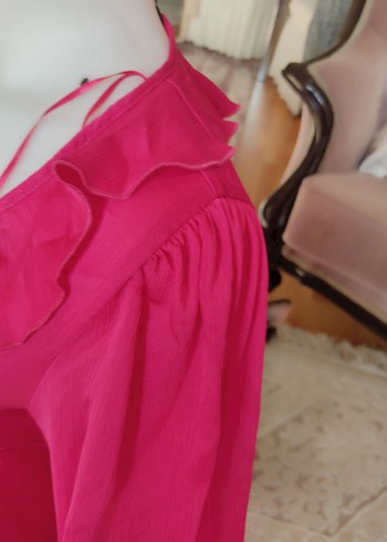 Pembe V Yaka Fırfırlı Uzun Kadın Bluz - Görsel 8