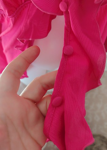 Pembe V Yaka Fırfırlı Uzun Kadın Bluz - Görsel 4